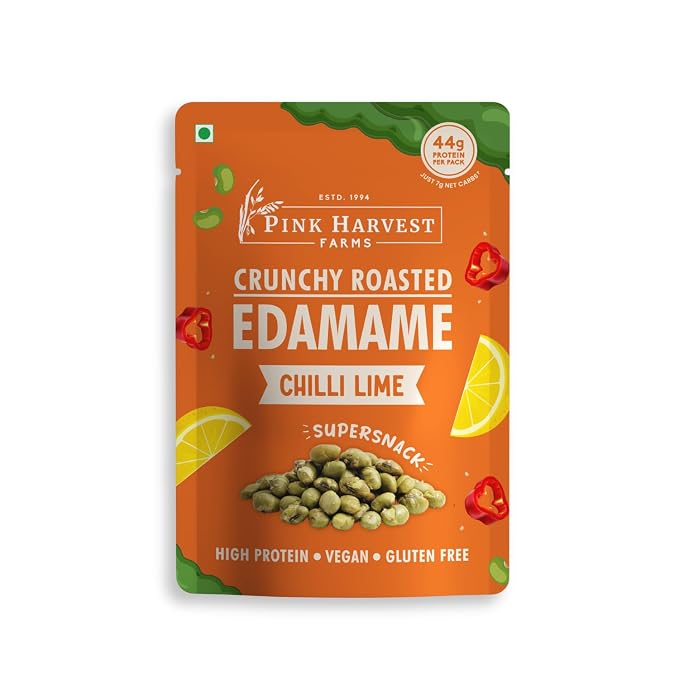 Pink Harvest Farms Crunchy Roasted Edamame Snacks , Chilli Lime Flavor ,High Protein Vegan Snack ,Gluten Free Healthy Namkeen Alternative ,Ready to Eat, 100g